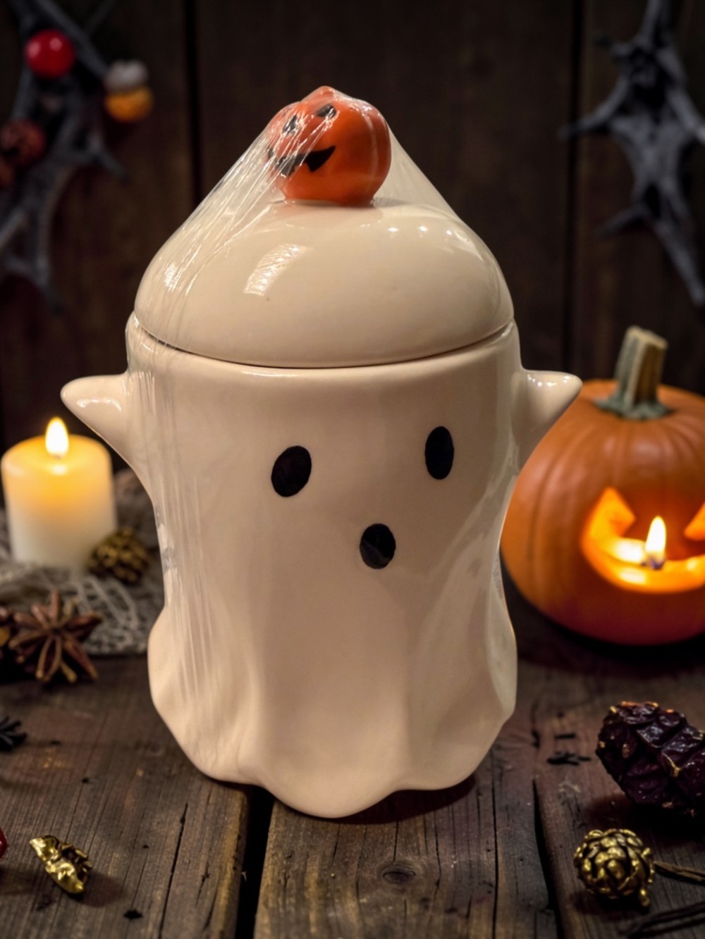 Ceramic Ghost Cookie, Candy Jar with Pumpkin Lid - Cream White~ 8” Tall NWT 🎃💫
